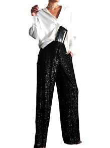 Women Sequins Wide Leg Pants Shiny Loose Casual Elastic High Waist Trousers For Work Office Streetwear - 黑色 - 查看 5
