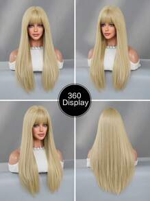 长直发假发带刘海浅金色耐热合成纤维假发女士日常使用 26 英寸 - 挑染金色 - 查看 4