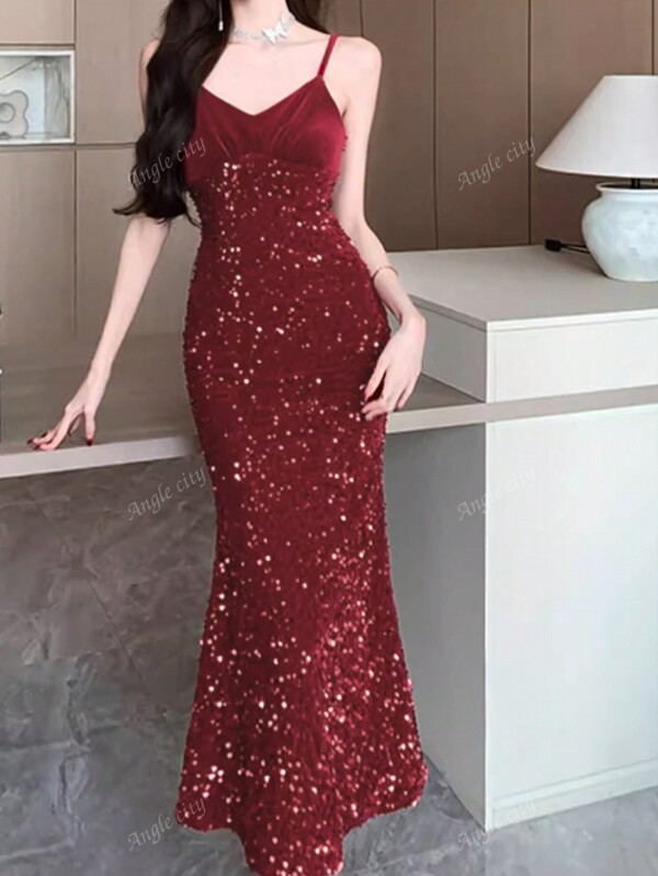 Women's Wine Red Sexy V-Neck Cinched Waist Slim Fit Spaghetti Strap Maxi Bodycon Dress