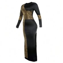PORRCEY Women's Hot Diamond Craft Sexy Long Sleeve Dress Sexy Dress Party Club Evening Dress  Christmas Party New Year Eve Thanksgiving Family Outfits Valentine's Day Date Nght Carnival Masquerade Ball  Chinese New Year Wedding, Bachelor Party - Vàng - Xem 4