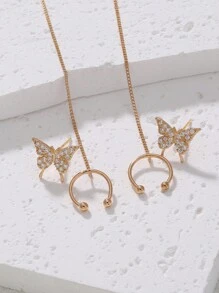 Nooxian 2pcs Butterfly Cubic Zirconia Tassel Clip-On Earrings