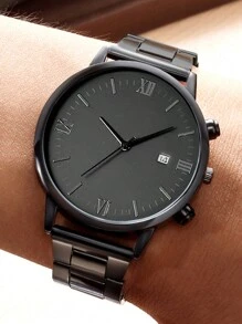 Set de 4 piezas: Reloj de cuarzo negro con puntero y calendario simple, Collar con colgante de cruz negra, Anillo y Pulsera, Regalo para él - Negro - Ver 4