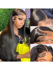 Tóc giả ren phía trước 36 inch bằng tóc thật 13x4 Tóc giả ren phía trước thẳng trong suốt dành cho phụ nữ Tóc thật được nhổ sẵn với tóc con Tóc giả màu tự nhiên không cần keo 180 mật độ dành cho phụ nữ Tóc giả bằng tóc thật 6-36 inch - Tự nhiên & Đen - Xem 2