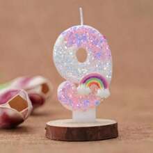 1pc Unicorn Theme Shiny Powder White Sequin Decor Gradient Cute Tricolor Rainbow Cloud, Symbolizing Romantic Happiness, Creative Handmade DIY Cake Topper Numbers 0-9 Happy Birthday Celebration, Interesting Glitter Birthday Candles Cake Decor