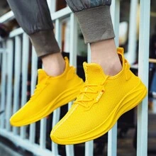 Solid Color Casual Spring Autumn Breathable Flat Sports Running Shoes For Men, Popular Plus Size Fashion Mesh Walking Sneakers Suitable For Daily Wear - Yellow - View 12