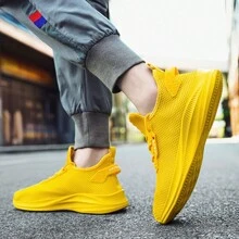 Solid Color Casual Spring Autumn Breathable Flat Sports Running Shoes For Men, Popular Plus Size Fashion Mesh Walking Sneakers Suitable For Daily Wear - Yellow - View 8
