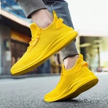 Solid Color Casual Spring Autumn Breathable Flat Sports Running Shoes For Men, Popular Plus Size Fashion Mesh Walking Sneakers Suitable For Daily Wear - Yellow - View 9