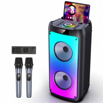  JYX Máquina de Karaoke con 2 Micrófonos Inalámbricos, Altavoz Bluetooth Portátil para Adultos y Niños, Gran Sistema PA de Fiesta con Luces de Discoteca para Reuniones, Subwoofers de Escenario