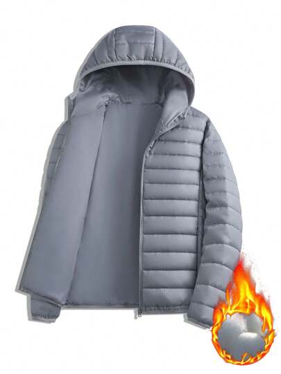 1 件男士纯色连帽加厚棉服，轻便休闲日常户外徒步旅行运动上衣，秋冬