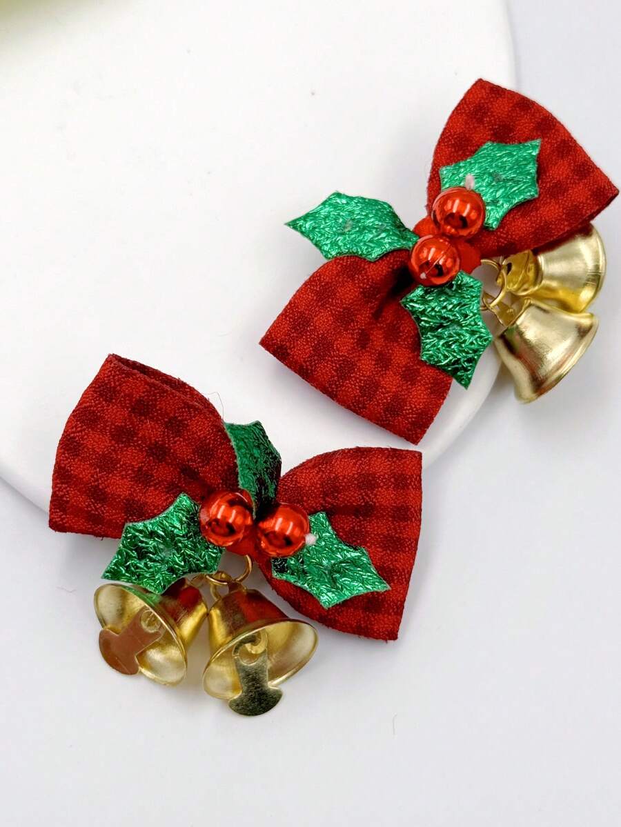 2 件可爱蝴蝶结铃铛派对和圣诞装饰发夹配件，适合春季、夏季、秋季、冬季 - 紅色 - 查看 1