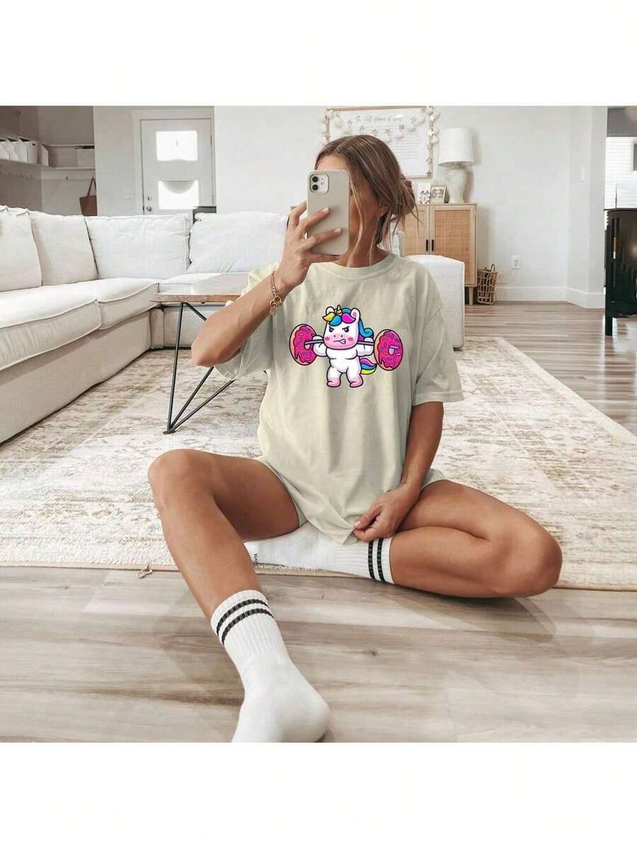 Women's Oversized Unicorn T-Shirt Workout Gym 100% Cotton Blouse - 米色 - 查看 1