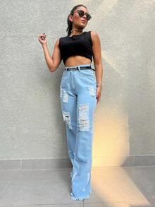 Saina Office 8017 With Black Belt Women's Wide Leg Jeans With Splits 8017 With Belt - Rửa trung bình - Xem 5