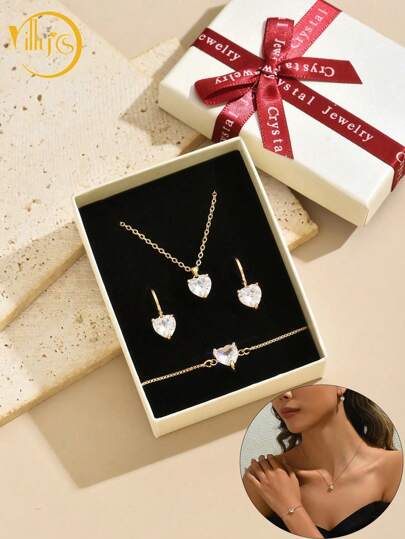 1 Gift Box Of 4pcs Heart Gold Jewelry Set, Personalize Heart Necklace Earrings Bracelet Set, Daily Wear, Party, Dating, Wedding, Bridal Gift, Gift For Mom, Gift Box, Birthday Gift Valentines