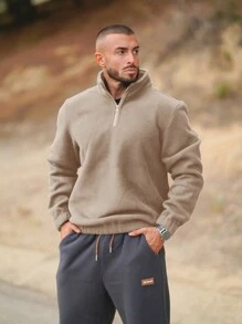 Men's Casual Fleece Pullover Sweatshirt - Khaki - View 9