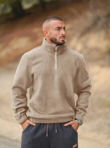 Men's Casual Fleece Pullover Sweatshirt - Khaki - View 8