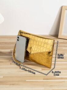 这款金色鳄鱼纹压花PU皮手拿包配有金属链条，适合女性/女孩使用，可用作单肩包、零钱包，是派对、晚宴、购物、通勤、旅行等场合的理想之选。这款派对包与节日派对礼服、晚礼服和亮片裙完美搭配，是派对、婚礼、舞会和盛大晚宴的完美选择。 - 金色 - 查看 3