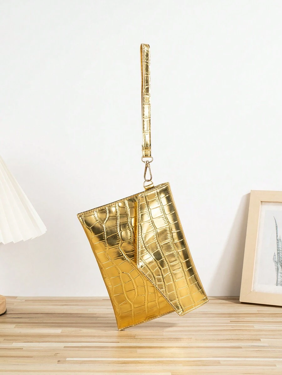 这款金色鳄鱼纹压花PU皮手拿包配有金属链条，适合女性/女孩使用，可用作单肩包、零钱包，是派对、晚宴、购物、通勤、旅行等场合的理想之选。这款派对包与节日派对礼服、晚礼服和亮片裙完美搭配，是派对、婚礼、舞会和盛大晚宴的完美选择。