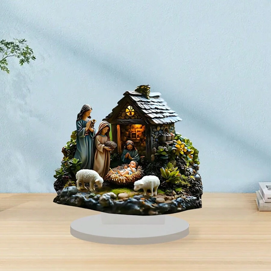 1 件迷人的亚克力耶稣诞生场景装饰件 - 2D 设计，非常适合室内展示，是理想的乔迁礼物，现代风格