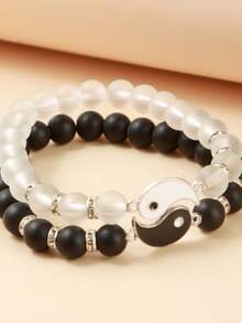2 件阴阳太极串珠最佳朋友手链，简约时尚情侣手链 - 彩色 - 查看 7