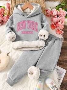 Conjunto de Moletom com Capuz e Calça Esportiva com Estampa de Letras para Inverno Quente para Meninas - Cinza - Visão 1