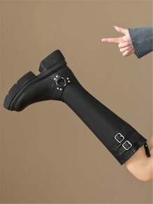 2025 Autumn/Winter New Women's Thick Sole Slim Fit Leather Tall Boots, Buckle Strap Riding Boots With Back Zipper, Black - Black - View 11