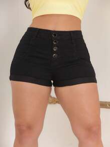 Women's Beige High Waisted Lycra Butt Lifting Jean Shorts - 黑色 - 查看 3