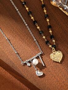 1 件欧美时尚心形吊坠串珠项链，电镀，奢华优雅，适合婚礼、宴会和日常佩戴 - 彩色 - 查看 3
