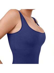 Popilush Jumpsuits For Women Built-In Bra Square Neck Ribbed Bodycon Workout Seamless Leggings Rompers Bodysuits - 藍色 - 查看 2