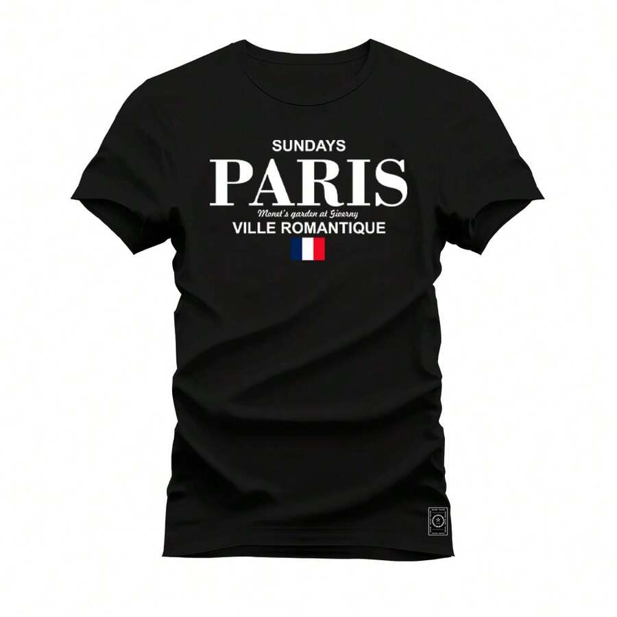 Unisex Comfortable Printed T-Shirt Premium Paris White France - 黑色 - 查看 1