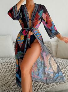 PEPPERMOLLY New Style Slimming Belly Concealing Printed Beach Cover Up Long Cover Up, Fashionable Summer Beach Dress For Women Vacation - Multicolor - View 1