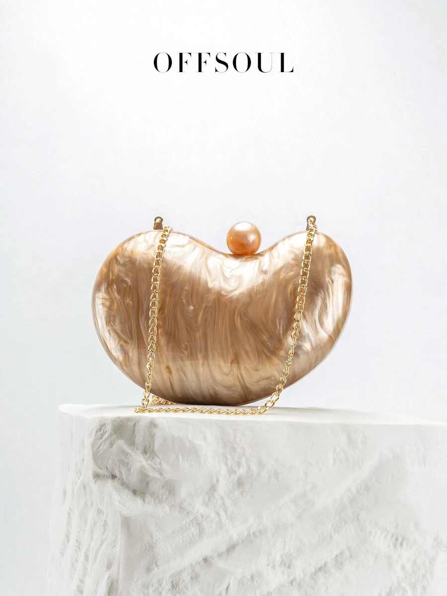 2024 椭圆形佩斯利形亚克力大理石纹理晚宴包，优雅女士派对手提包，带肩带的手拿包 - 香檳色 - 查看 1