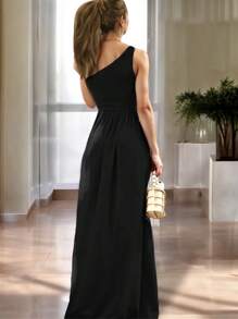 Women's Elegant Long Dress Adjustable Belt Off Shoulder Party Dress - 黑色 - 查看 3