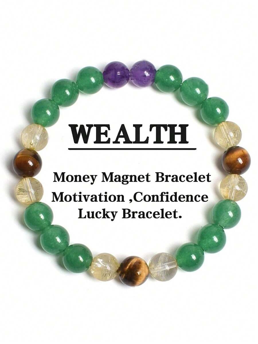 1 件财富招财手链 - 黄水晶和绿色东陵石富足与繁荣 - 紫水晶治愈好运手链，男女皆宜 - 彩色 - 查看 1