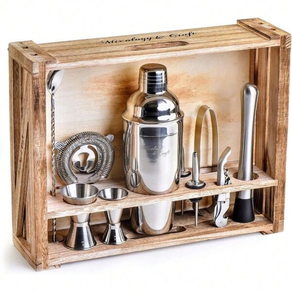 Mixology & Craft 11-teiliges Barkeeper-Set Mit Holzständer, Silber