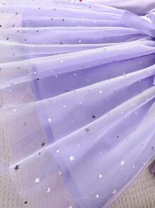Young Girl Spring/Autumn Star Mesh Contrast Princess Dress With Flutter Sleeves - Purple - View 5