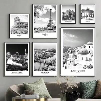 1pc Wall Arts Posters Frameless Santorini Barcelona Las Vegas LA Paris NY Wall Art Canvas Painting Nordic Poster And Print Pictures For Living Room Home Decor Canvas Travel