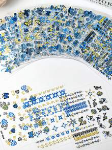 30 件 3D 蓝色蝴蝶美甲贴纸，自粘式奢华蓝色蝴蝶美甲贴花全息激光花朵指甲设计银叶排蕾丝指甲 - 彩色 - 查看 10