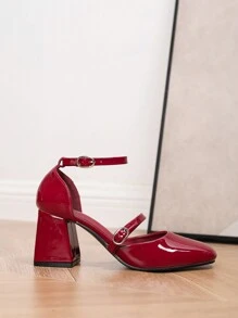女士方头玛丽珍鞋，单扣，粗跟，亮面 PU 材质，舒适百搭的红色高跟鞋 - 紅色 - 查看 5
