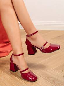 女士方头玛丽珍鞋，单扣，粗跟，亮面 PU 材质，舒适百搭的红色高跟鞋 - 紅色 - 查看 2