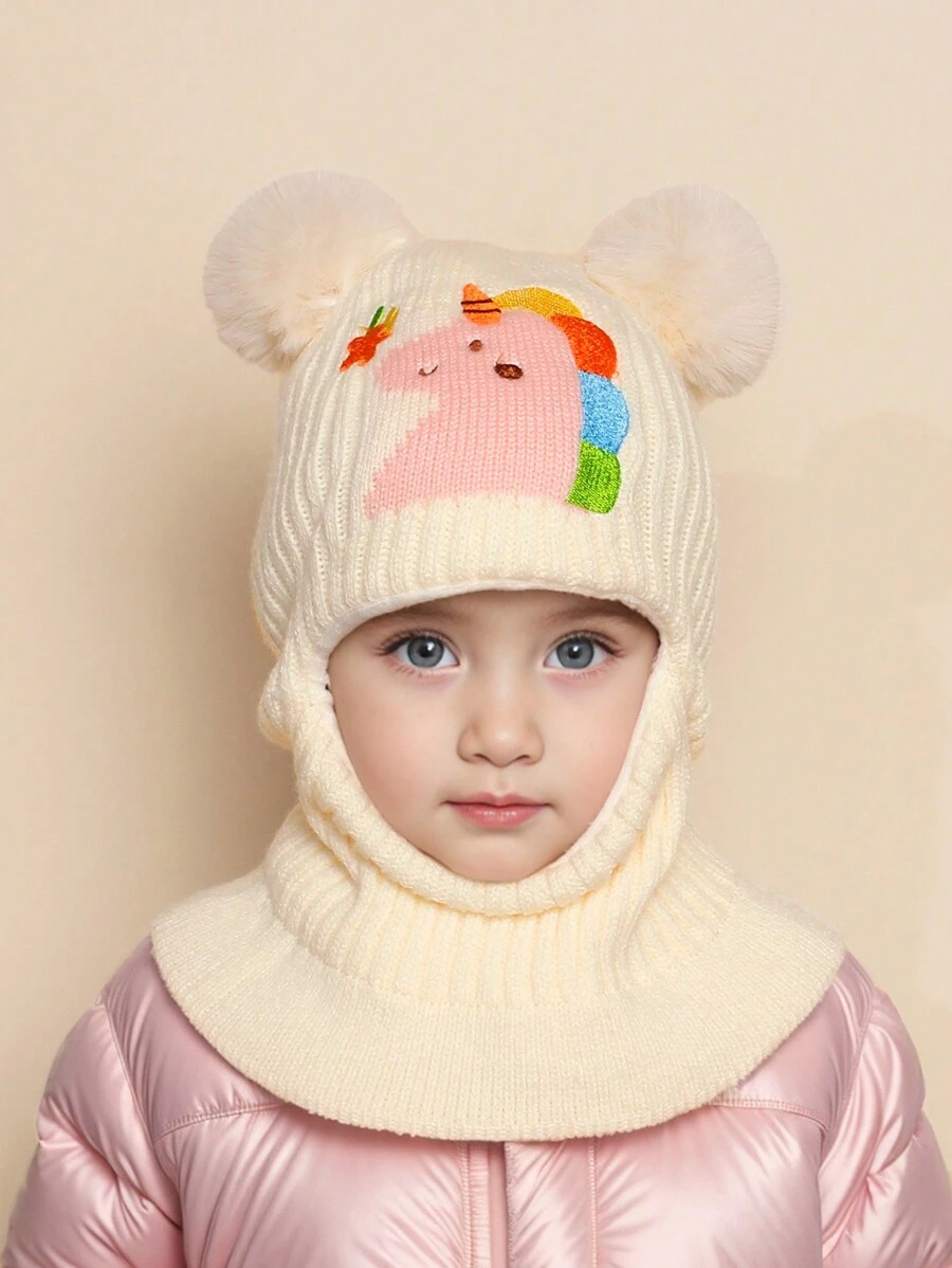 1 pièce Capuchon d'oreilles en tricot épais, chaud et coupe-vent pour l'hiver, avec broderie de personnage de dessin animé mignon et double pompon, pour fille
