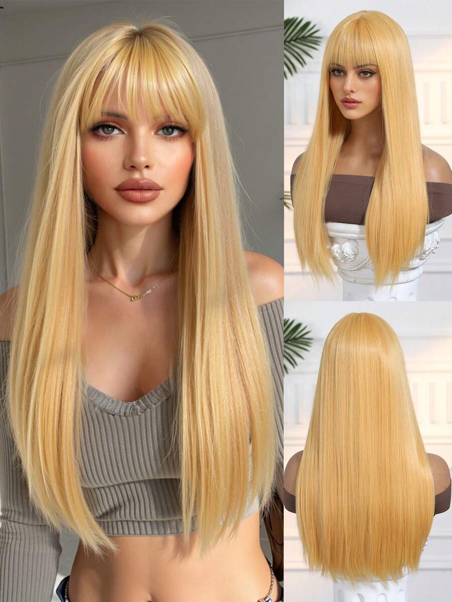 HAIRCUBE 24 英寸棕色挑染和红色假发，带刘海，女士长直发假发，华丽时尚合成假发，适合派对日常使用 - 黃色 - 查看 1