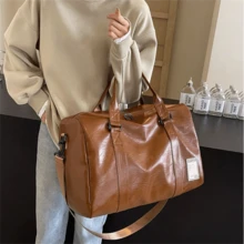 时尚大容量运动/健身包手提包，高品质皮革旅行行李袋，适合装衣服和行李 - 棕色 - 查看 3