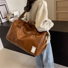 时尚大容量运动/健身包手提包，高品质皮革旅行行李袋，适合装衣服和行李 - 棕色 - 查看 5