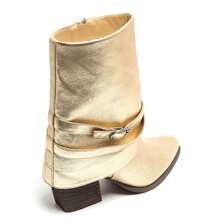 Women's Square Heel Boots With Buckle Strap - Western Chic Style - Gold - View 4