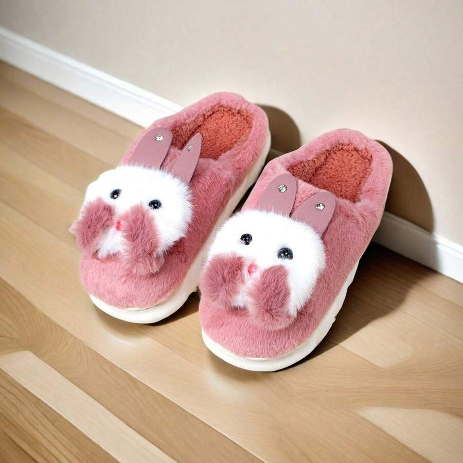 Fashion Plush Rabbit Slippers For Men And Women Home Thick Warm. - 豆沙色 - 查看 1