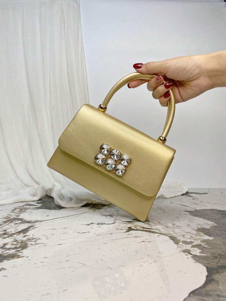 Moonlit Eve Bag One 金色 PU 皮革女士晚宴手提包，带水钻细节，适合鸡尾酒会、晚会、婚礼，搭配晚礼服和新娘礼服，是情人节、婚礼、生日、新年的绝佳礼物 - 金色 - 查看 1