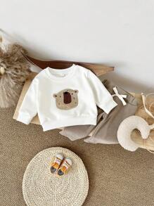 2 件套男婴冬季保暖套装，可爱动物刺绣羊毛运动衫和条纹长裤 - 白色 - 查看 4