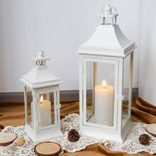 Lot de 2 lanternes à bougies d'extérieur de 50 cm et 33 cm de haut, lanterne tour suspendue vintage, bougeoir en métal pour jardin, salon, intérieur, extérieur, fêtes, mariages, balcon (blanc) - Blanc - Voir 5