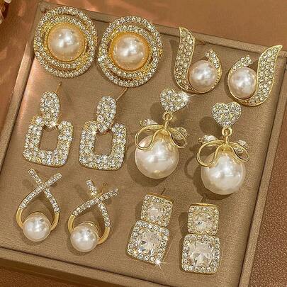 6 件钻石和珍珠装饰法式奢华优雅耳钉耳环套装，适合日常和节日佩戴