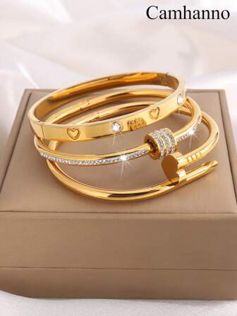 Camhanno 1/2/3件轻奢优雅，大气时尚不锈钢百搭旋转，单排水钻，爱心/花朵浮雕手链适合日常佩戴，节日女友情人节，妈妈，母亲，母亲节，礼物